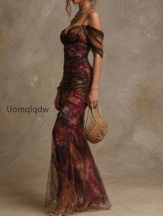 vintage-floral-print-off-the-shoulder-ruched-mesh-mermaid-maxi-dress