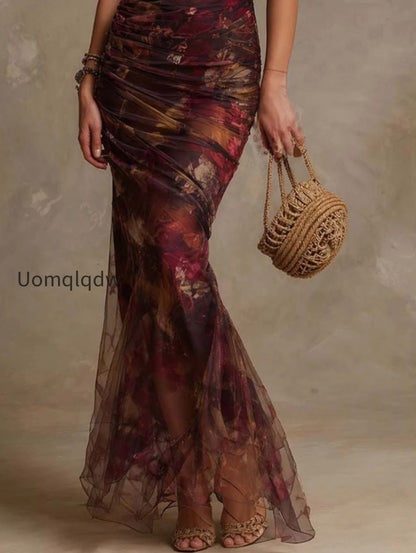 vintage-floral-print-off-the-shoulder-ruched-mesh-mermaid-maxi-dress