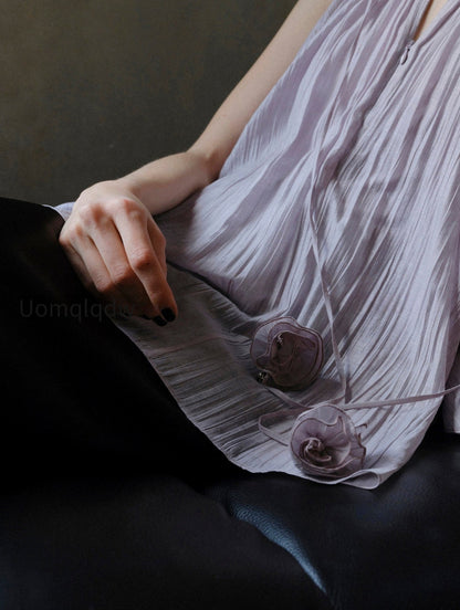 lyocell-acetate-blend-halter-ruffle-blouse-pleated-draped-sleeveless-statement-top