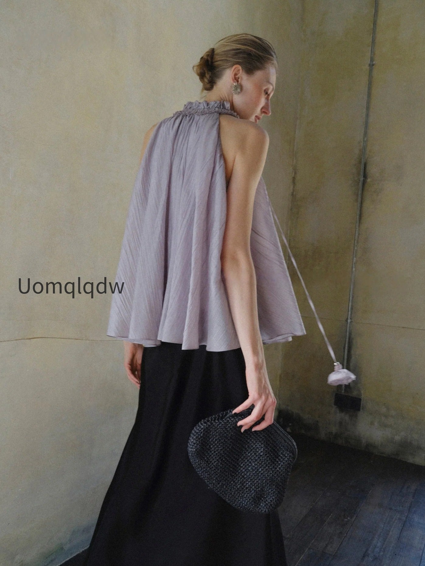 lyocell-acetate-blend-halter-ruffle-blouse-pleated-draped-sleeveless-statement-top