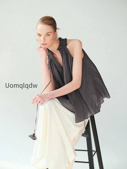lyocell-acetate-blend-halter-ruffle-blouse-pleated-draped-sleeveless-statement-top