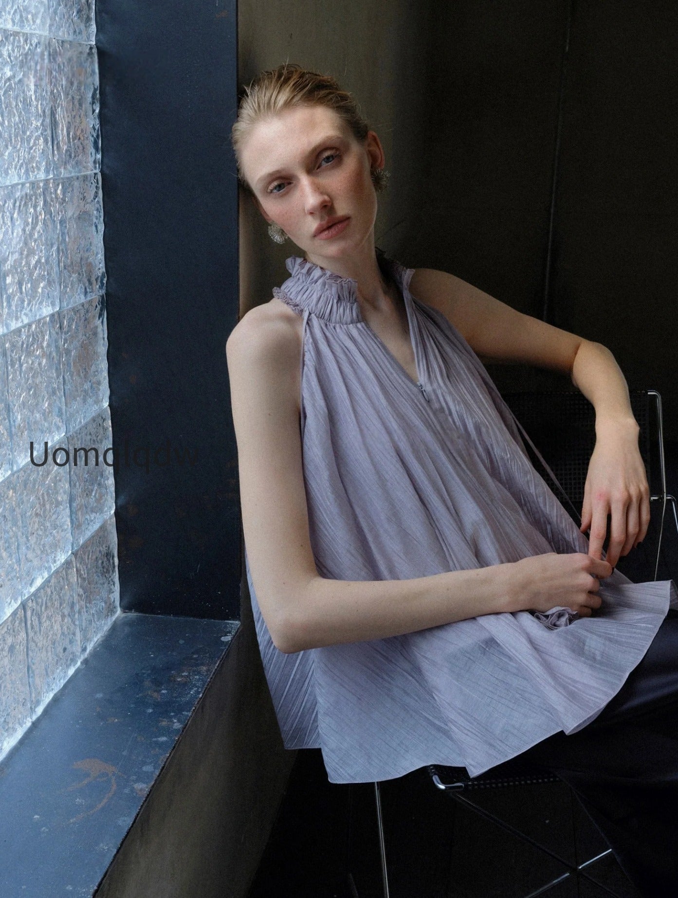 lyocell-acetate-blend-halter-ruffle-blouse-pleated-draped-sleeveless-statement-top