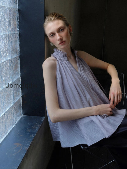 lyocell-acetate-blend-halter-ruffle-blouse-pleated-draped-sleeveless-statement-top