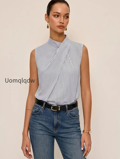 sleeveless-striped-high-neck-blouse