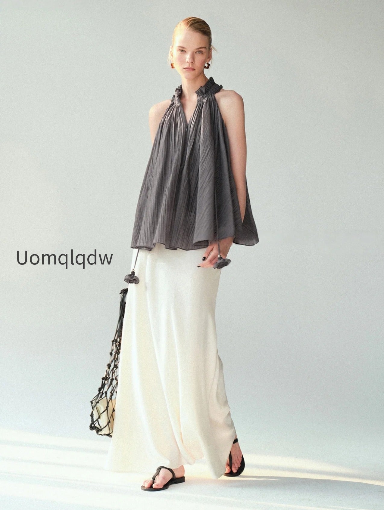 lyocell-acetate-blend-halter-ruffle-blouse-pleated-draped-sleeveless-statement-top