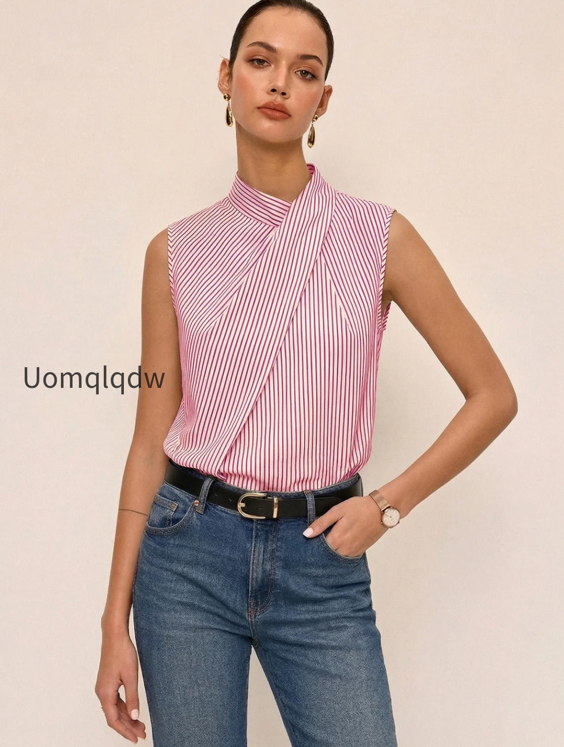 sleeveless-striped-high-neck-blouse